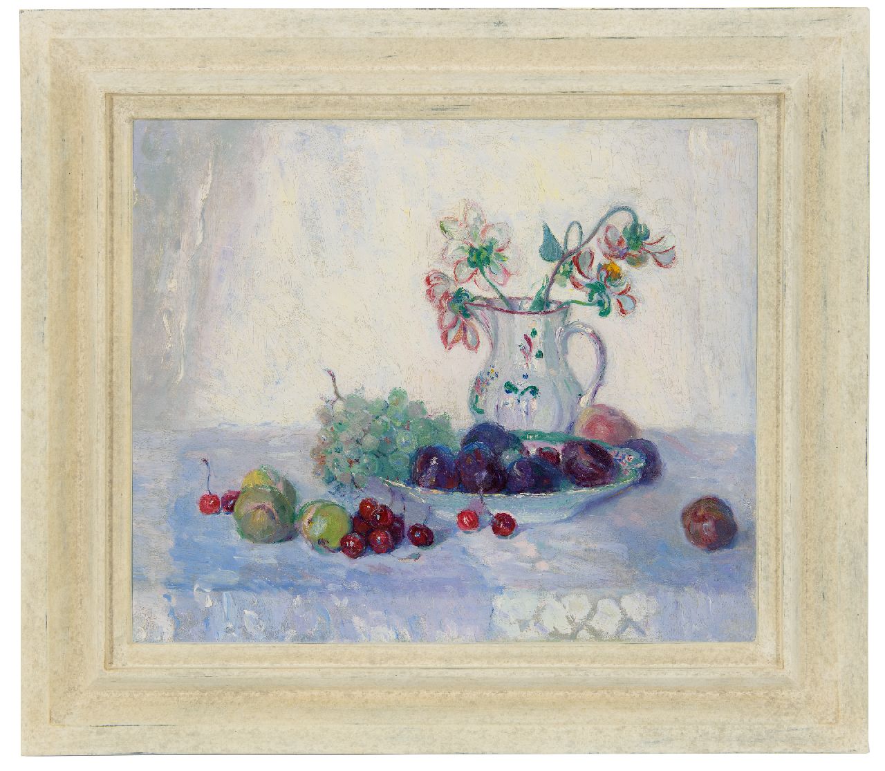 Niekerk M.J. | 'Maurits' Joseph Niekerk, Stilleven met fruit en kan met bloemen, olieverf op doek 46,1 x 55,4 cm, gesigneerd linksonder op doekomslag Niekerk M.J. | 'Maurits' Joseph Niekerk, Stilleven met fruit en kan met bloemen, olieverf op doek 46,1 x 55,4 cm, gesigneerd linksonder op doekomslag
