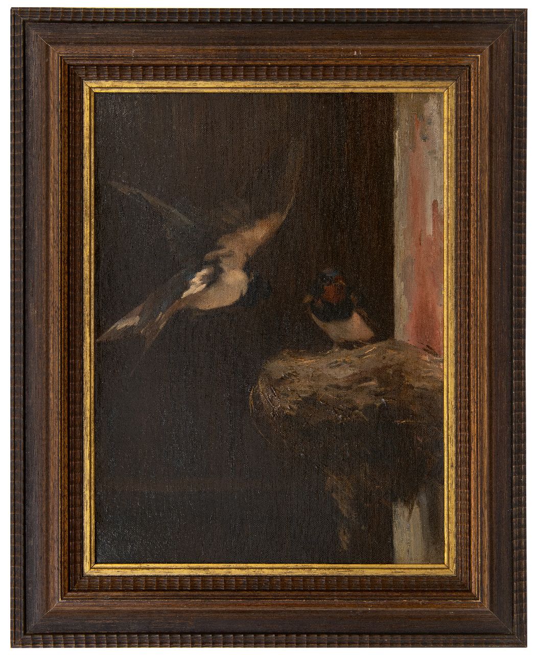 Stortenbeker C.S. | Cornelis Samuel Stortenbeker, Nestelende zwaluwen, olieverf op doek 46,6 x 34,7 cm, gesigneerd linksonder met initialen Stortenbeker C.S. | Cornelis Samuel Stortenbeker, Nestelende zwaluwen, olieverf op doek 46,6 x 34,7 cm, gesigneerd linksonder met initialen
