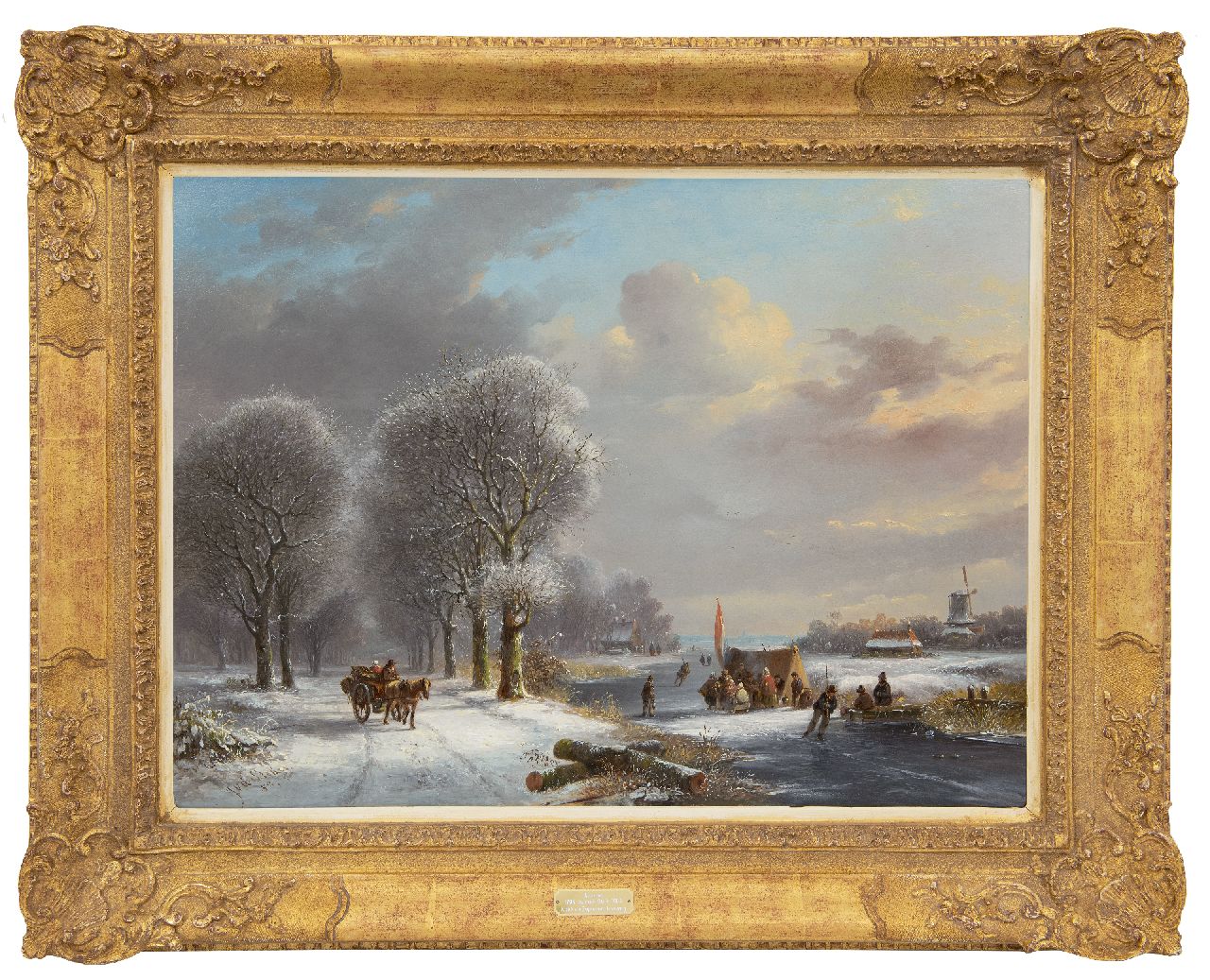 Stok J. van der | Jacobus van der Stok, Winterlandschap met schaatsers bij een koek-en-zopietent, olieverf op paneel 41,0 x 55,5 cm, gesigneerd linksonder en gedateerd '52