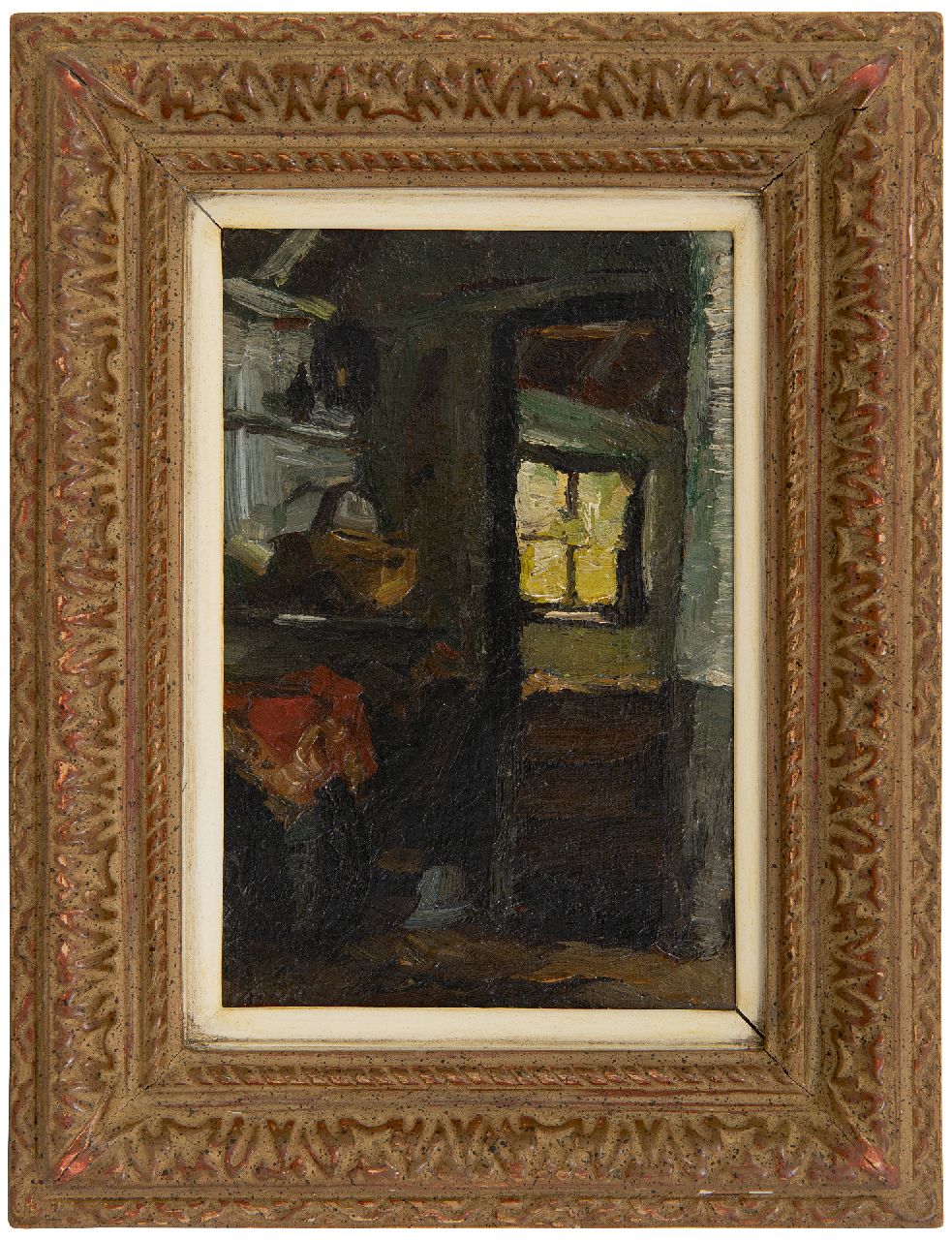 Zwart W.H.P.J. de | Wilhelmus Hendrikus Petrus Johannes 'Willem' de Zwart | Schilderijen te koop aangeboden | Boereninterieur, olieverf op doek op board 17,0 x 11,0 cm, gesigneerd linksonder met initialen Zwart W.H.P.J. de | Wilhelmus Hendrikus Petrus Johannes 'Willem' de Zwart | Schilderijen te koop aangeboden | Boereninterieur, olieverf op doek op board 17,0 x 11,0 cm, gesigneerd linksonder met initialen