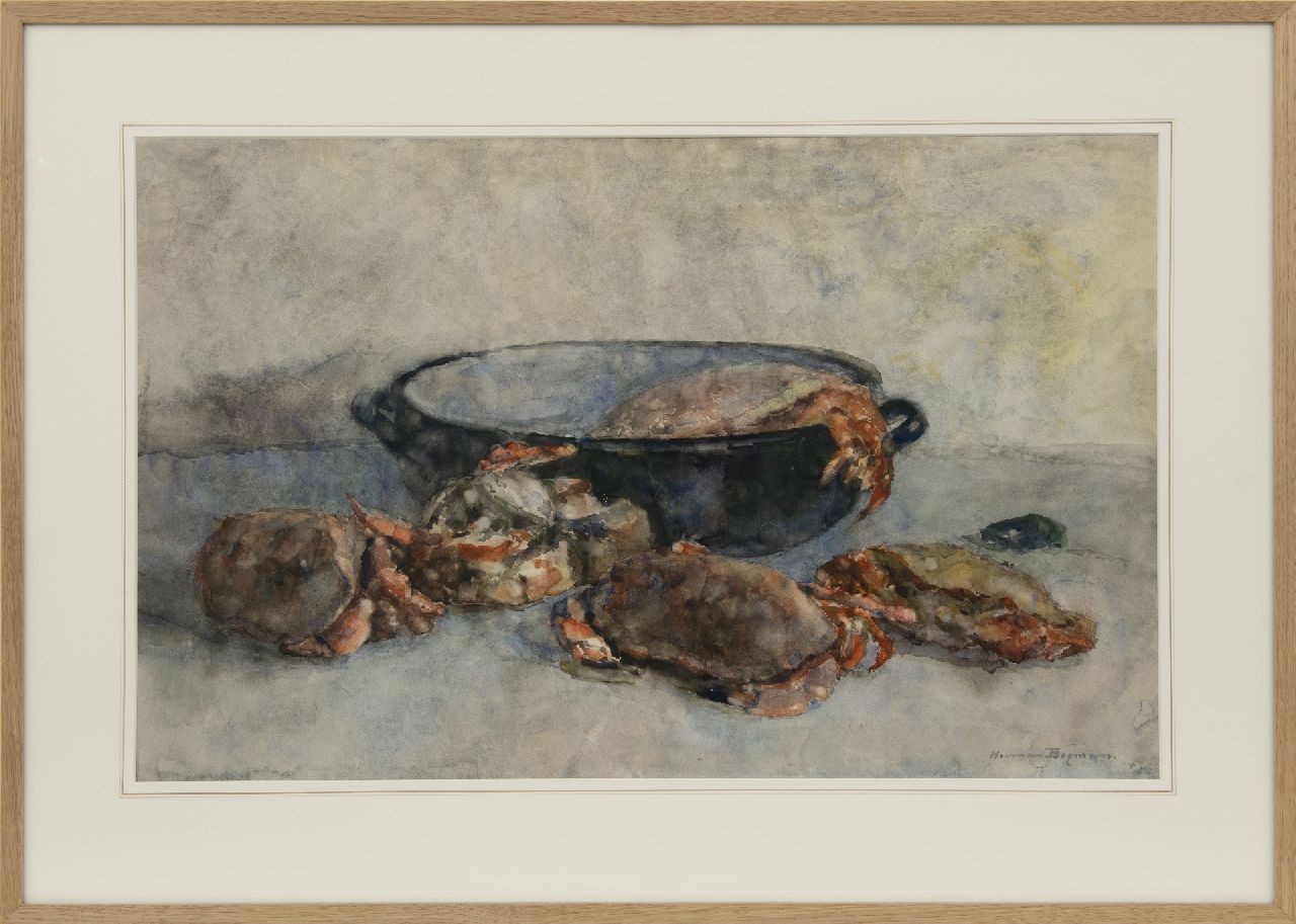 Bogman jr. H.A.C.  | Hermanus Adrianus Charles 'Herman' Bogman jr. | Aquarellen en tekeningen te koop aangeboden | Stilleven met krabben, aquarel op papier 47,2 x 75,2 cm, gesigneerd rechtsonder