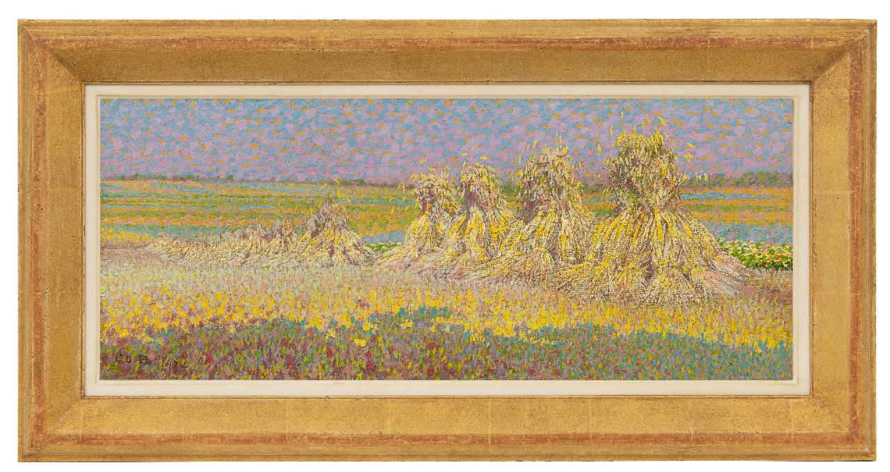 Breman A.J. | Ahazueros Jacobus 'Co' Breman, Korenschoven bij Blaricum, olieverf op doek 22,7 x 54,3 cm, gesigneerd linksonder en gedateerd 1904 Breman A.J. | Ahazueros Jacobus 'Co' Breman, Korenschoven bij Blaricum, olieverf op doek 22,7 x 54,3 cm, gesigneerd linksonder en gedateerd 1904