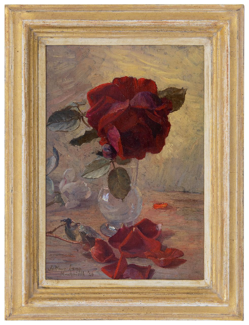 Haverkamp-Machwirth J.G.  | 'Johanna' Georgine  Haverkamp-Machwirth | Schilderijen te koop aangeboden | Stilleven met rozen, olieverf op paneel 32,9 x 22,5 cm, gesigneerd linksonder en gedateerd '26