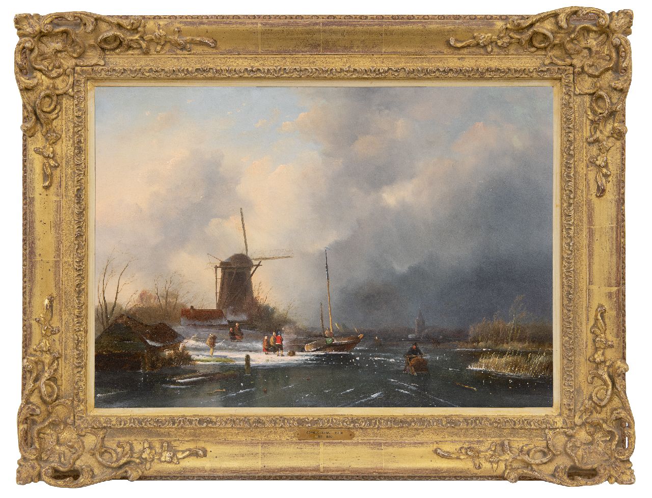 Hoen C.P. 't | Cornelis Petrus 't Hoen, Schaatsers en figuren op het ijs bij naderende sneeuwstorm, olieverf op paneel 41,3 x 58,8 cm, gesigneerd linksonder op botenhuisje en gedateerd 1854