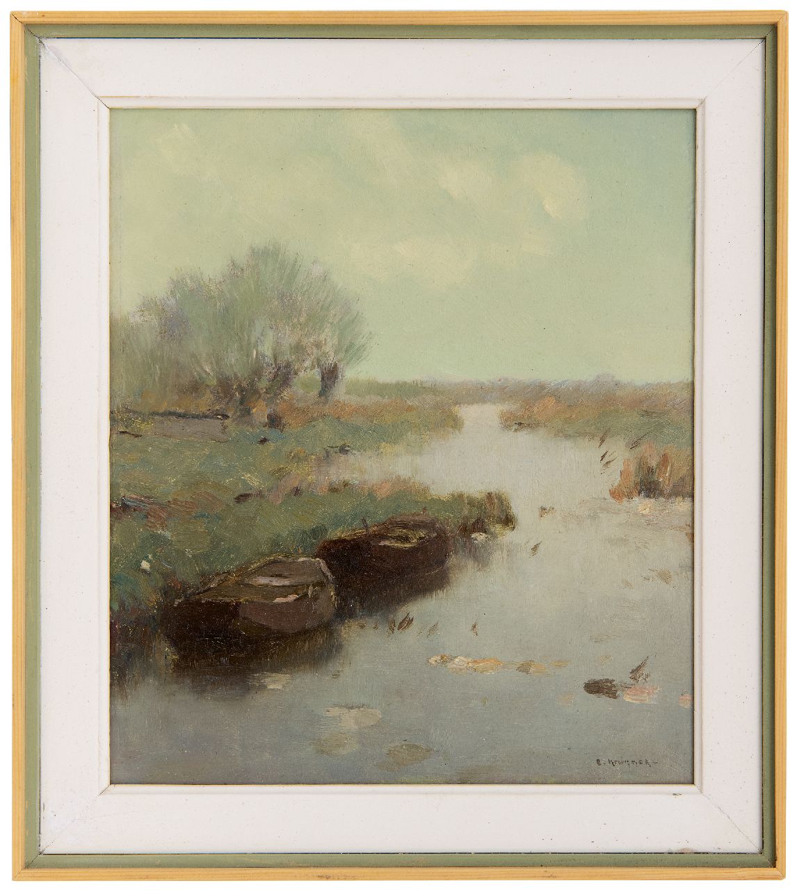 Knikker A. | Aris Knikker, Afgemeerde schuiten in poldervaart, olieverf op schildersboard 25,4 x 21,4 cm, gesigneerd rechtsonder Knikker A. | Aris Knikker, Afgemeerde schuiten in poldervaart, olieverf op schildersboard 25,4 x 21,4 cm, gesigneerd rechtsonder