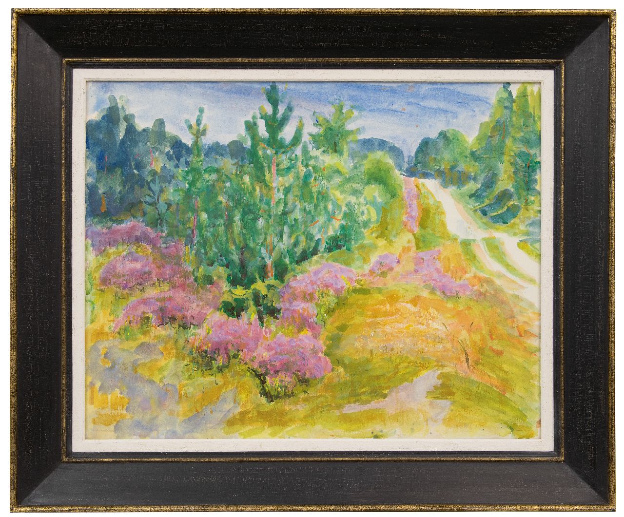 Altink J. | Jan Altink, Landweg door dennenbos en bloeiende heide, aquarel op papier 54,9 x 69,8 cm Altink J. | Jan Altink, Landweg door dennenbos en bloeiende heide, aquarel op papier 54,9 x 69,8 cm