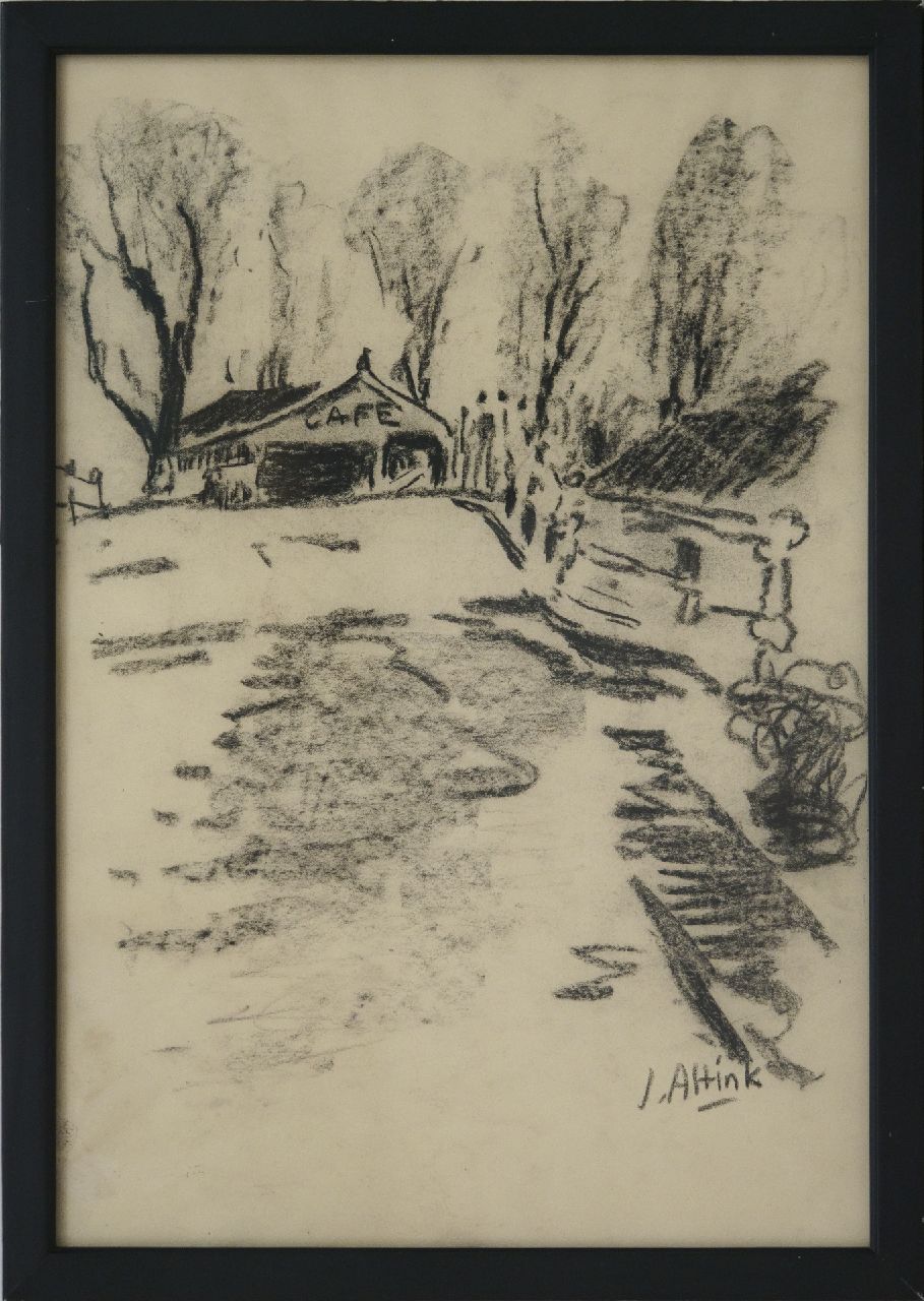 Altink J.  | Jan Altink, Café bij de brug in Steentil (behoort bij gouache uit 1956 inv.nr. 20733), houtskool op papier 48,5 x 33,5 cm, gesigneerd rechtsonder en te dateren ca. '56