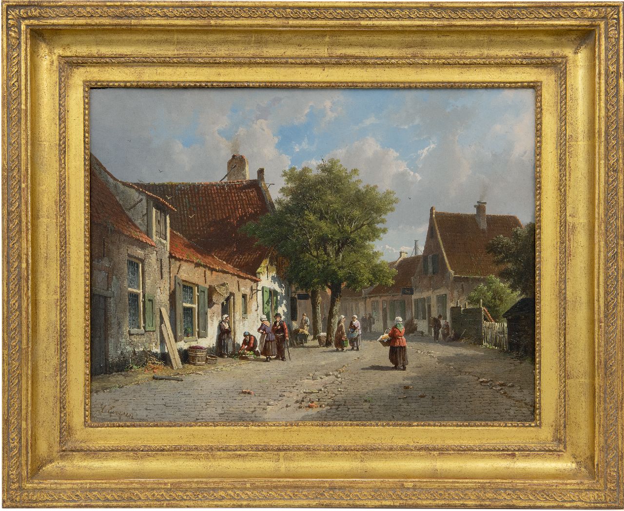 Eversen A. | Adrianus Eversen, Zonnig dorpsgezicht met figuren, olieverf op paneel 33,0 x 43,9 cm, gesigneerd linksonder Eversen A. | Adrianus Eversen, Zonnig dorpsgezicht met figuren, olieverf op paneel 33,0 x 43,9 cm, gesigneerd linksonder