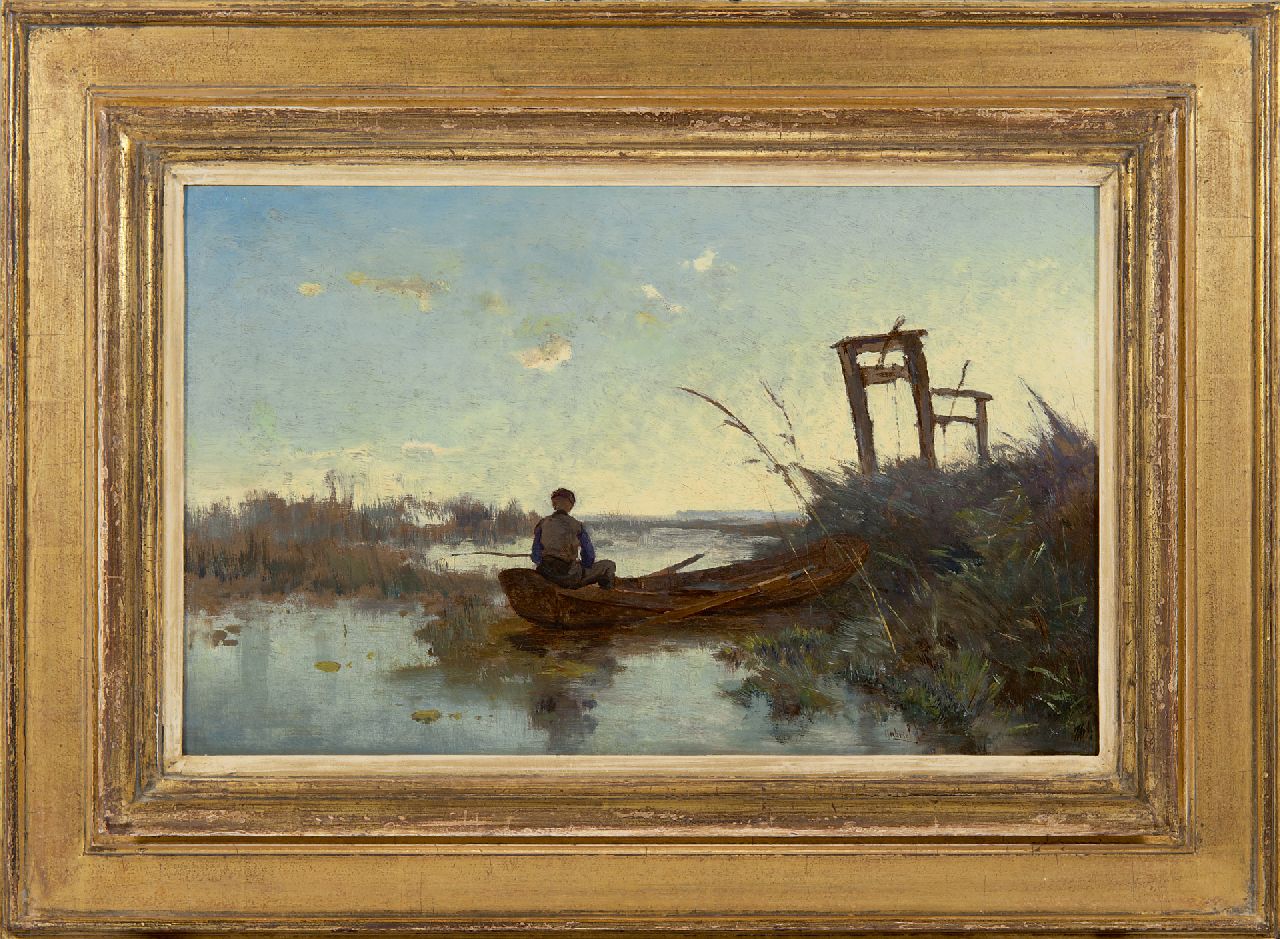 Gabriel P.J.C.  | Paul Joseph Constantin 'Constan(t)' Gabriel, Visser bij viskaar in veenlandschap, olieverf op doek 29,0 x 46,4 cm, gesigneerd rechtsonder en te dateren ca. 1875