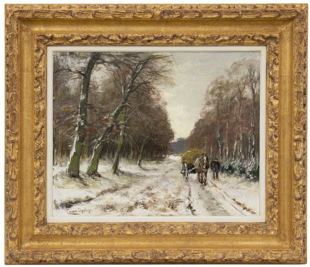 Apol L.F.H. | Lodewijk Franciscus Hendrik 'Louis' Apol, Man met hooikar op besneeuwd bospad, olieverf op doek 32,6 x 40,5 cm, gesigneerd linksonder Apol L.F.H. | Lodewijk Franciscus Hendrik 'Louis' Apol, Man met hooikar op besneeuwd bospad, olieverf op doek 32,6 x 40,5 cm, gesigneerd linksonder