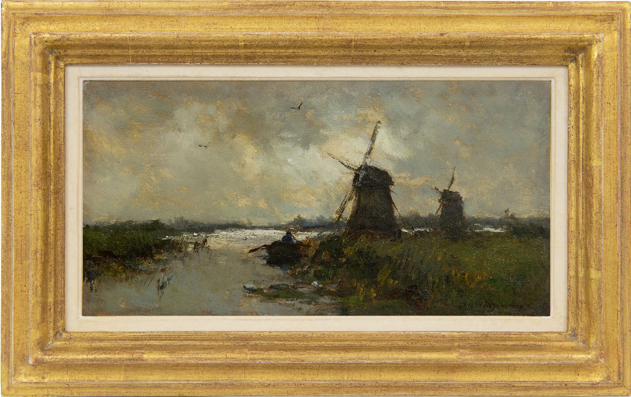 Weissenbruch H.J.  | Hendrik Johannes 'J.H.' Weissenbruch, Molens in een polderlandschap, olieverf op paneel 16,9 x 33,0 cm, gesigneerd rechtsonder en te dateren jaren 90