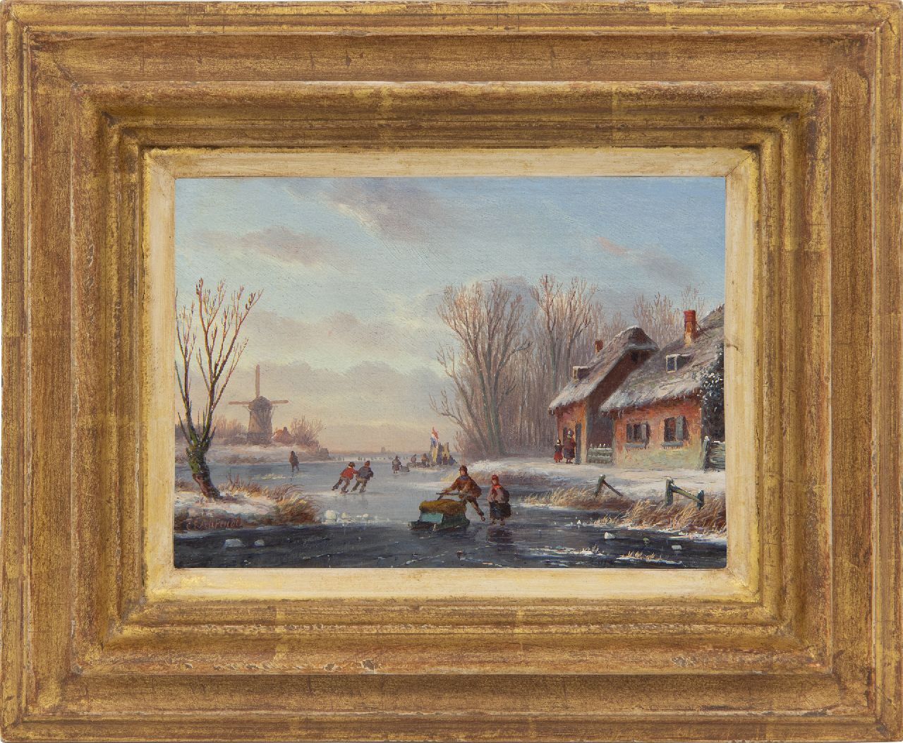 Ahrendts C.E.  | Carl Eduard Ahrendts, IJsgezicht met koek-en-zopietent, olieverf op paneel 12,9 x 17,8 cm, gesigneerd linksonder