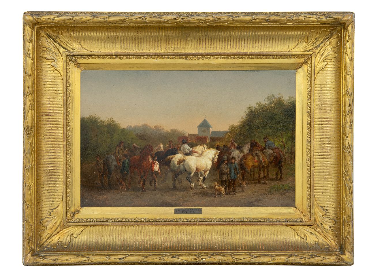 Schermer C.A.J. | Cornelis Albertus Johannes Schermer, Paardenmarkt, olieverf op paneel 25,7 x 39,9 cm, gesigneerd linksonder Schermer C.A.J. | Cornelis Albertus Johannes Schermer, Paardenmarkt, olieverf op paneel 25,7 x 39,9 cm, gesigneerd linksonder