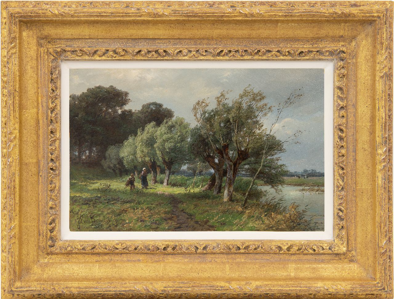 Borselen J.W. van | Jan Willem van Borselen, Hout sprokkelen op het pad langs de vaart, olieverf op paneel 20,8 x 31,7 cm, gesigneerd linksonder