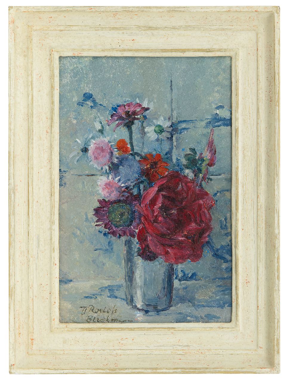 Roelofs-Bleckmann E.F. | Elisabeth Francoise 'Tjieke' Roelofs-Bleckmann, Zomerbloemen in vaas, olieverf op paneel 29,8 x 18,8 cm, gesigneerd linksonder Roelofs-Bleckmann E.F. | Elisabeth Francoise 'Tjieke' Roelofs-Bleckmann, Zomerbloemen in vaas, olieverf op paneel 29,8 x 18,8 cm, gesigneerd linksonder