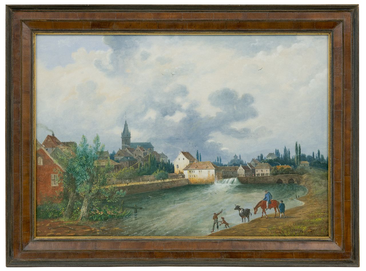 Knip H.J.  | Hendrikus Johannes 'Henri' Knip | Aquarellen en tekeningen te koop aangeboden | Gezicht op een stad met snelstromende rivier (mogelijk Zwitserland), gouache op papier 49,5 x 72,7 cm, gesigneerd rechtsonder
