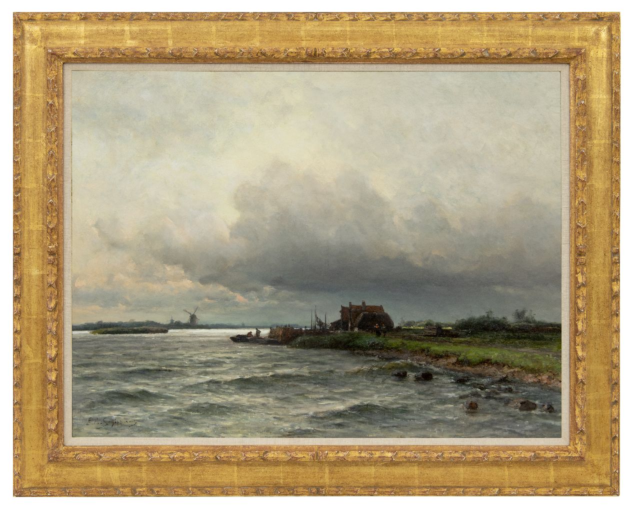 Schipperus P.A.  | Pieter Adrianus 'Piet' Schipperus | Schilderijen te koop aangeboden | Rivier onder Hollandse wolkenlucht, olieverf op doek 60,5 x 80,5 cm, gesigneerd linksonder en op resten van etiket op spieraam