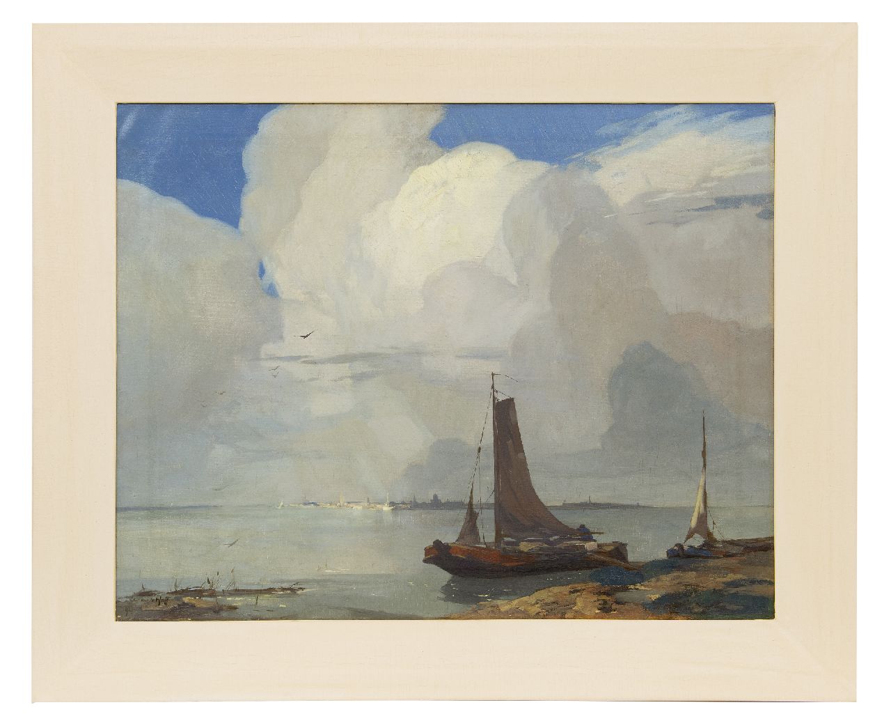 Hoff A.J. van 't | Adrianus Johannes 'Adriaan' van 't Hoff | Schilderijen te koop aangeboden | Vissersschepen aan de waterkant, een stad in de verte, olieverf op doek 60,2 x 75,5 cm, gesigneerd linksonder en gedateerd 1927