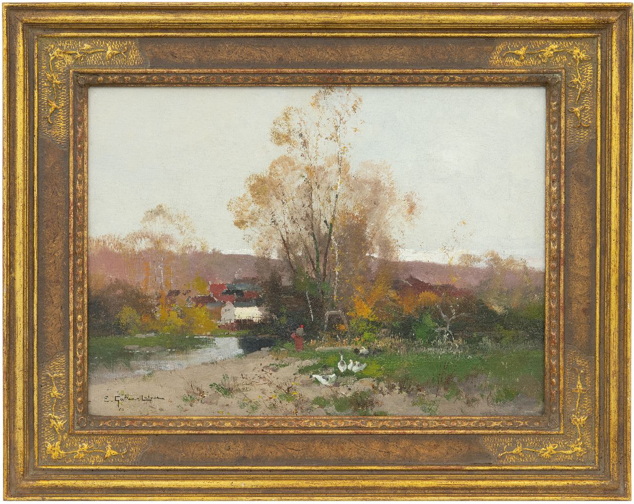 Galien-Laloue E.  | Eugène Galien-Laloue, Herfstlandschap met ganzenhoedster, olieverf op doek 33,3 x 46,0 cm, gesigneerd linksonder
