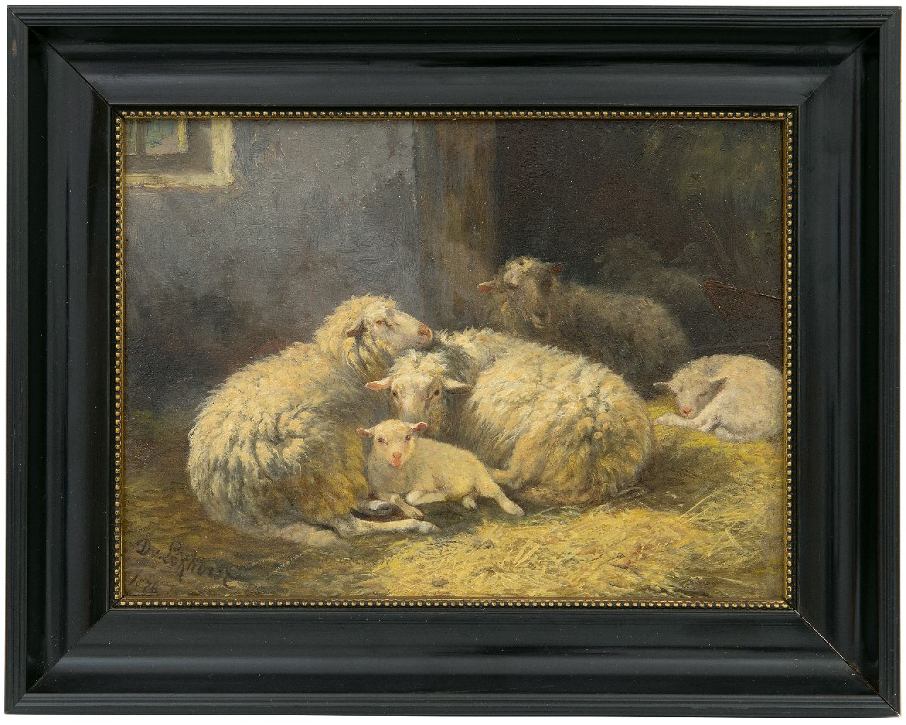 Lokhorst D. van | Dirk van Lokhorst, Schapen met lammeren in een stal, olieverf op paneel 18,0 x 24,7 cm, gesigneerd linksonder en gedateerd 1876 Lokhorst D. van | Dirk van Lokhorst, Schapen met lammeren in een stal, olieverf op paneel 18,0 x 24,7 cm, gesigneerd linksonder en gedateerd 1876