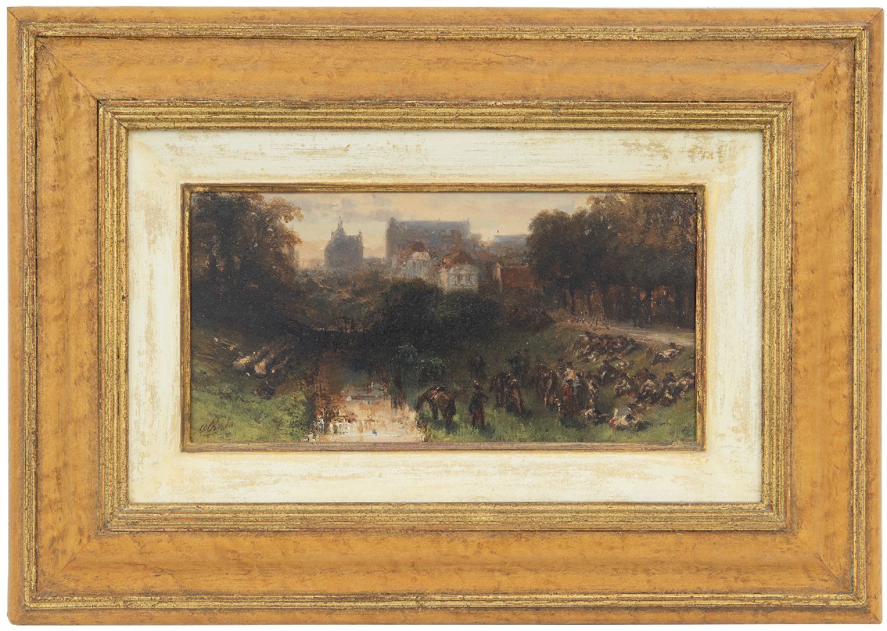 Rochussen Ch.  | Charles Rochussen, Rustende Franse cavaleristen bij een grote stad, olieverf op paneel 11,6 x 23,1 cm, gesigneerd linksonder met initialen en gedateerd '50
