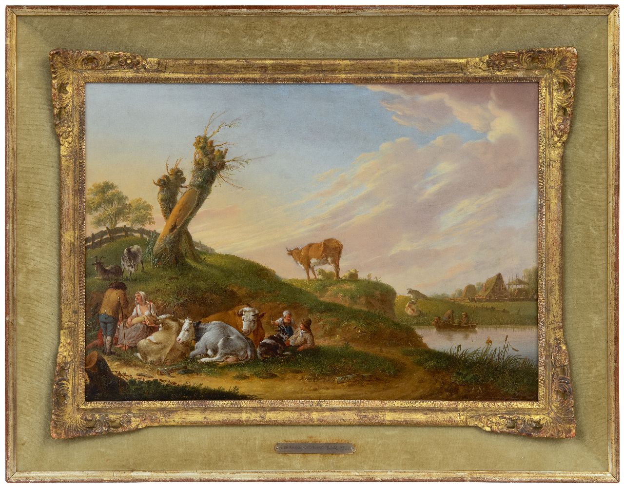 Schweickhardt H.W.  | Heinrich Wilhelm Schweickhardt | Schilderijen te koop aangeboden | Herdersfamilie met kudde aan een rivieroever, olieverf op paneel 33,5 x 47,2 cm, gesigneerd linksonder en gedateerd 1774