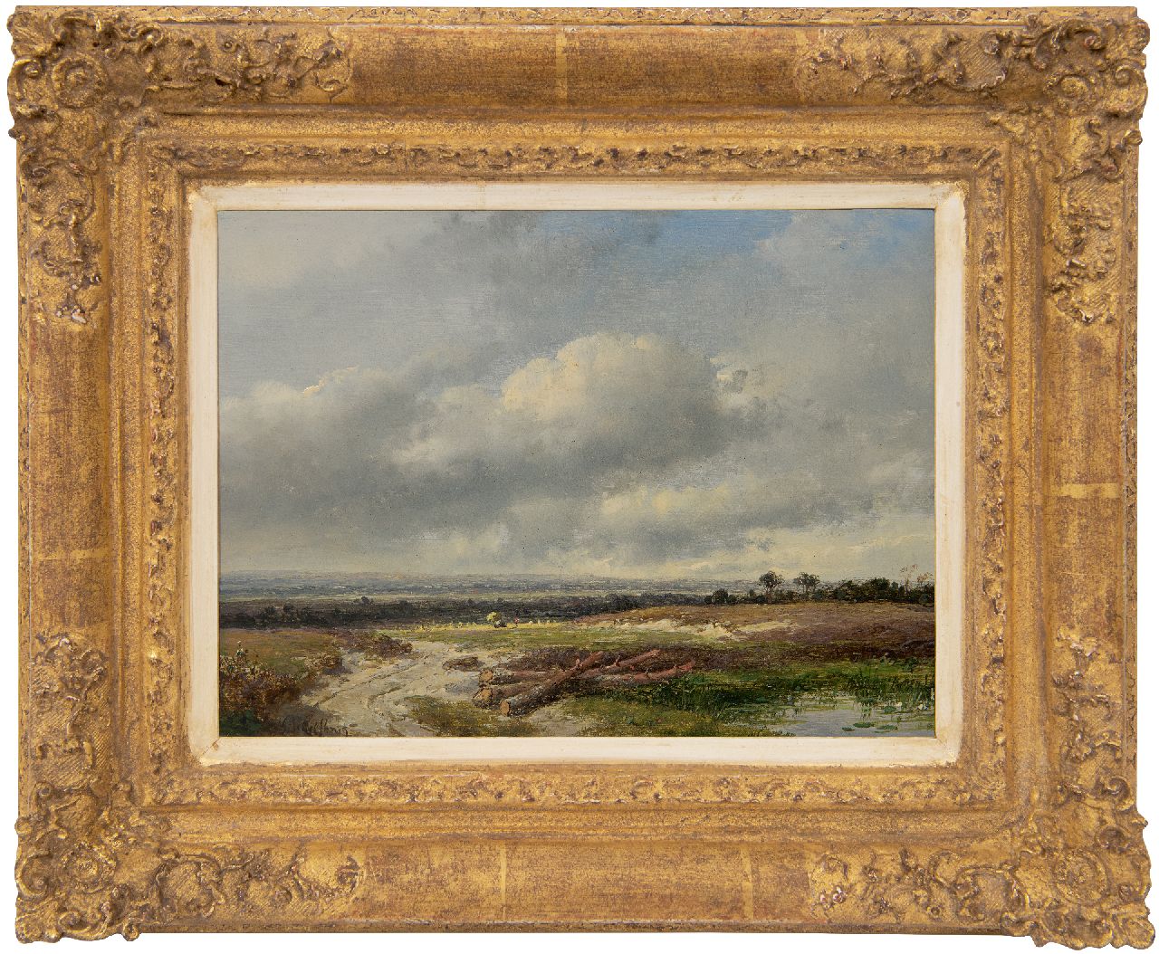 Schelfhout A.  | Andreas Schelfhout, Panoramisch landschap onder Hollandse wolkenlucht, olieverf op paneel 17,8 x 24,0 cm, gesigneerd linksonder