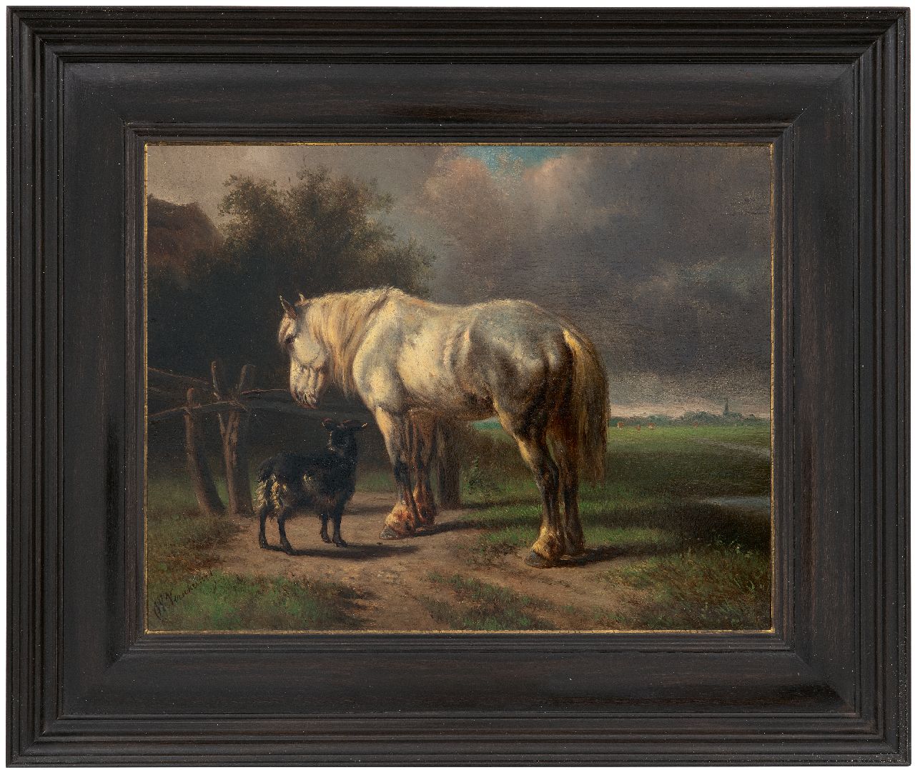 Verschuur W. | Wouterus Verschuur, Paard en bokje bij een hek, olieverf op paneel 23,0 x 29,2 cm, gesigneerd linksonder Verschuur W. | Wouterus Verschuur, Paard en bokje bij een hek, olieverf op paneel 23,0 x 29,2 cm, gesigneerd linksonder