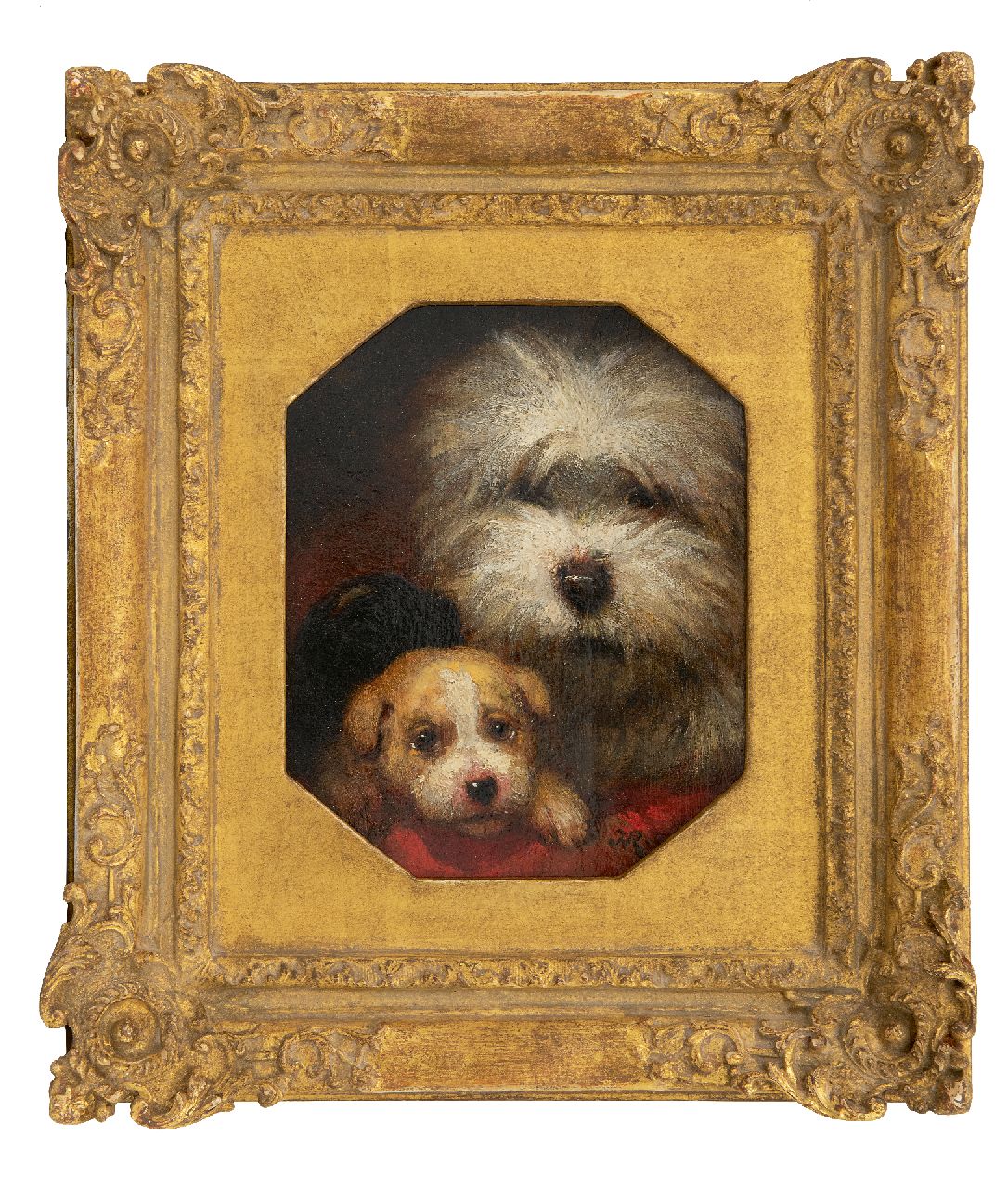 Ronner-Knip H.  | Henriette Ronner-Knip, Twee hondenkopjes, olieverf op paneel 20,8 x 17,0 cm, gesigneerd rechtsonder met monogram