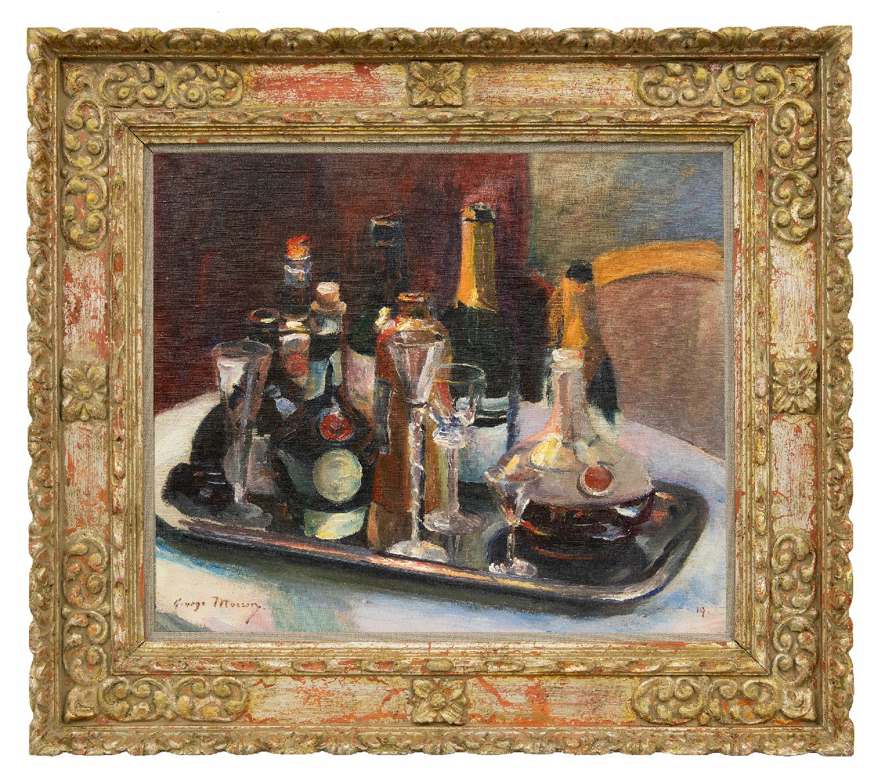Mosson G.  | Georges 'George' Mosson, Stilleven met Dom Bénédictine likeur, flessen en glazen, olieverf op doek 54,7 x 63,1 cm, gesigneerd linksonder en gedateerd '19