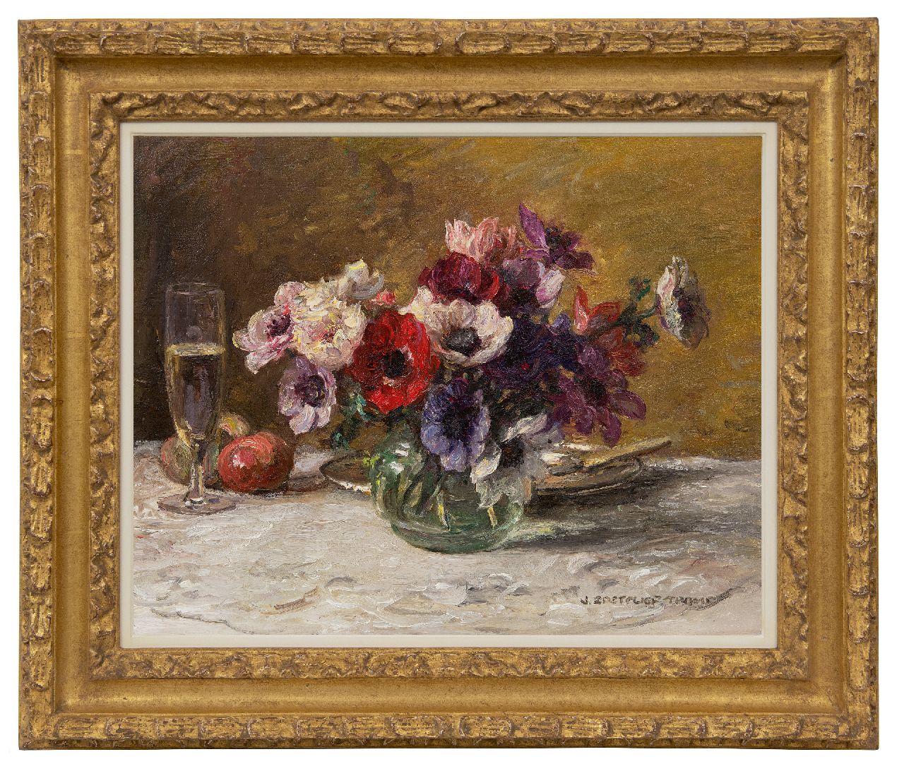 Zoetelief Tromp J. | Johannes 'Jan' Zoetelief Tromp, Anemonen met champagneglas, olieverf op doek 40,5 x 50,5 cm, gesigneerd rechtsonder Zoetelief Tromp J. | Johannes 'Jan' Zoetelief Tromp, Anemonen met champagneglas, olieverf op doek 40,5 x 50,5 cm, gesigneerd rechtsonder