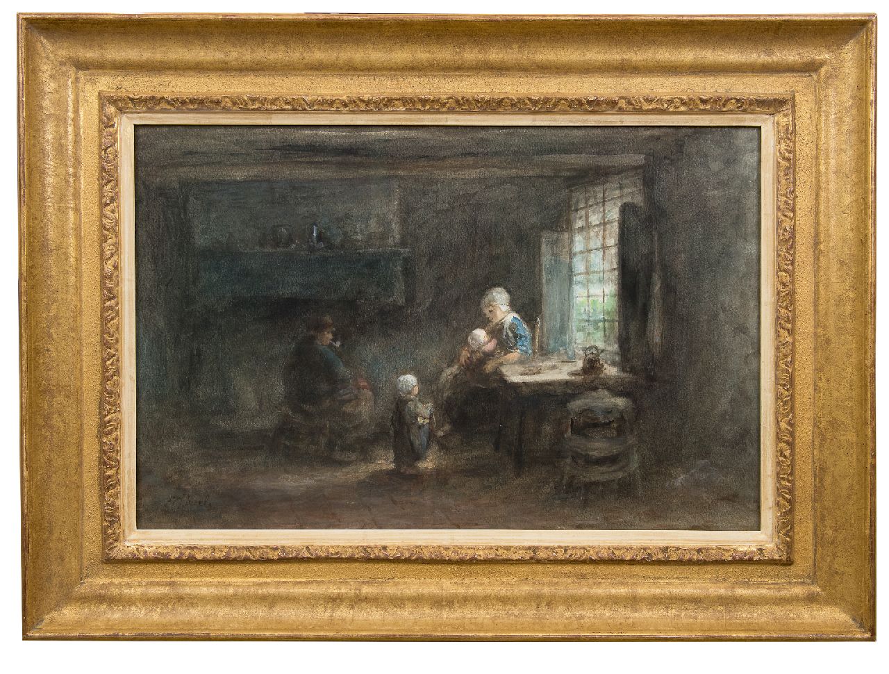 Israëls J.  | Jozef Israëls, Het jonge gezin, pastel en aquarel op papier 35,3 x 53,5 cm, gesigneerd linksonder