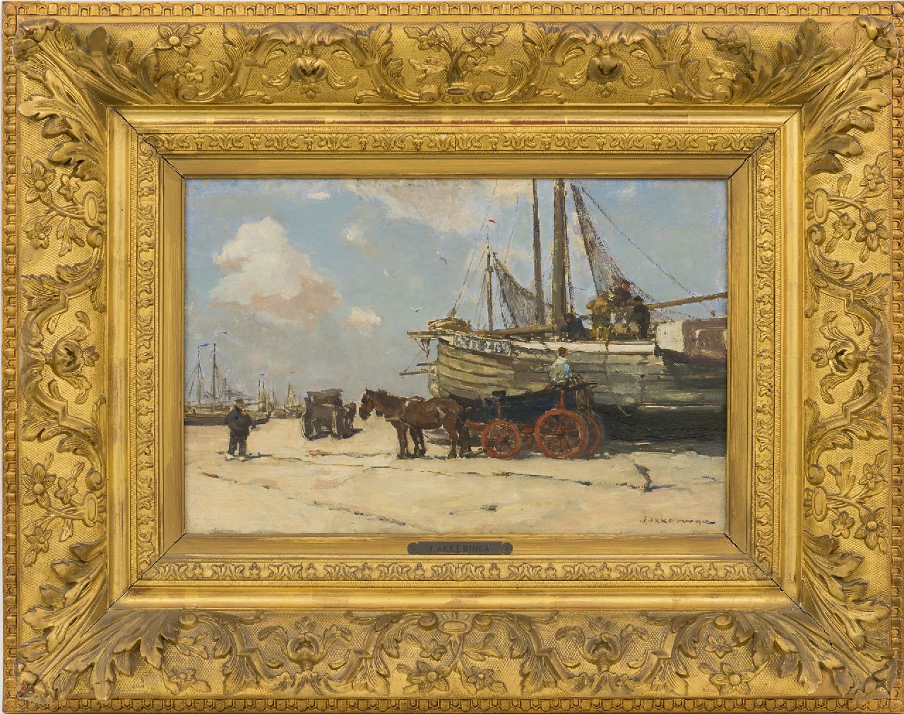 Akkeringa J.E.H. | 'Johannes Evert' Hendrik Akkeringa, Het lossen van de bomschuiten op het Scheveningse strand, olieverf op paneel 26,6 x 40,1 cm, gesigneerd rechtsonder en te dateren ca. 1901 Akkeringa J.E.H. | 'Johannes Evert' Hendrik Akkeringa, Het lossen van de bomschuiten op het Scheveningse strand, olieverf op paneel 26,6 x 40,1 cm, gesigneerd rechtsonder en te dateren ca. 1901