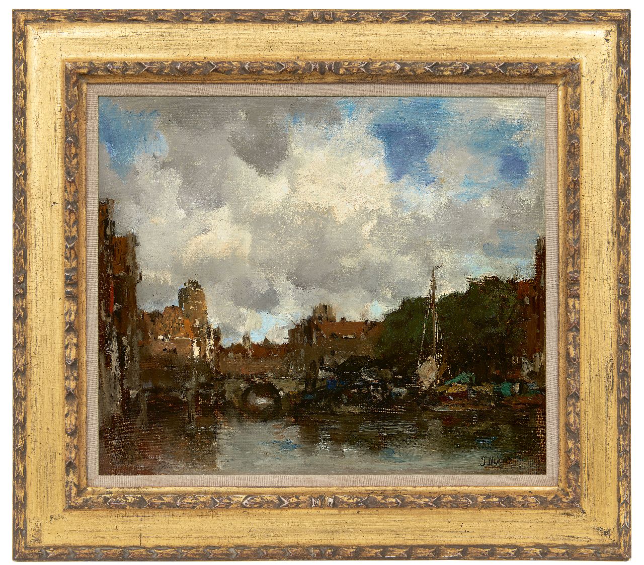 Maris J.H. | Jacobus Hendricus 'Jacob' Maris | Schilderijen te koop aangeboden | Een Hollandse havenstad (Dordrecht), olieverf op doek 41,5 x 49,0 cm, gesigneerd rechtsonder en te dateren ca. 1890 Maris J.H. | Jacobus Hendricus 'Jacob' Maris | Schilderijen te koop aangeboden | Een Hollandse havenstad (Dordrecht), olieverf op doek 41,5 x 49,0 cm, gesigneerd rechtsonder en te dateren ca. 1890