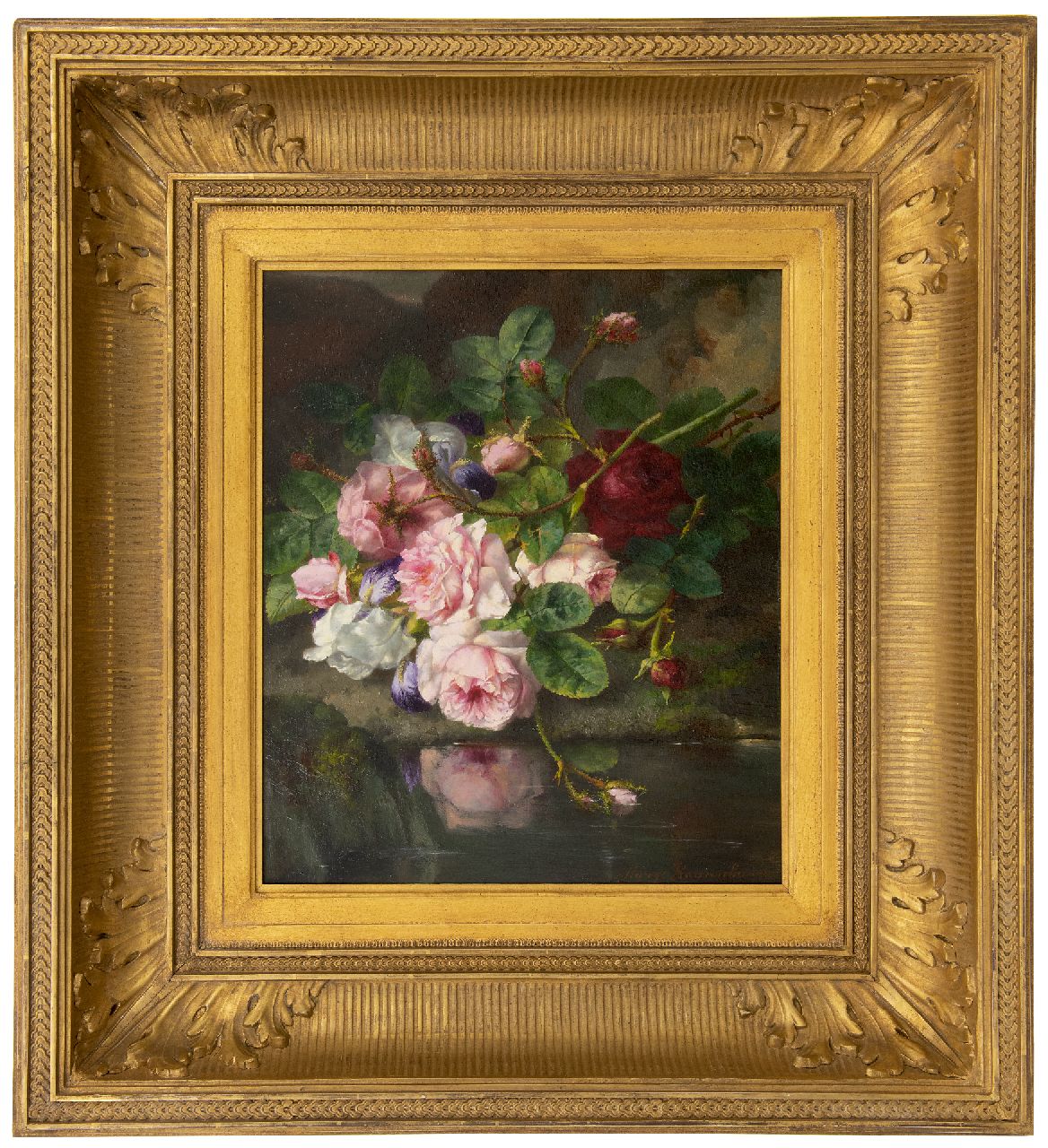 Roosenboom M.C.J.W.H. | 'Margaretha' Cornelia Johanna Wilhelmina Henriëtta Roosenboom, Boeket rozen op de bosgrond, olieverf op paneel 45,4 x 37,3 cm, gesigneerd rechtsonder Roosenboom M.C.J.W.H. | 'Margaretha' Cornelia Johanna Wilhelmina Henriëtta Roosenboom, Boeket rozen op de bosgrond, olieverf op paneel 45,4 x 37,3 cm, gesigneerd rechtsonder
