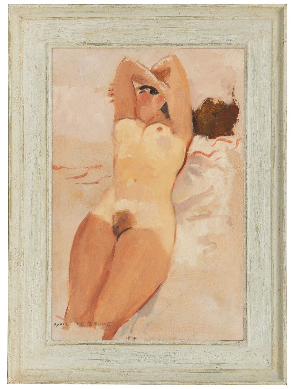 Lejeune R. | Raoul Lejeune, Zonnebadend naakt, olieverf op doek op paneel 50,5 x 34,2 cm, gesigneerd linksonder en gedateerd 1934 Lejeune R. | Raoul Lejeune, Zonnebadend naakt, olieverf op doek op paneel 50,5 x 34,2 cm, gesigneerd linksonder en gedateerd 1934