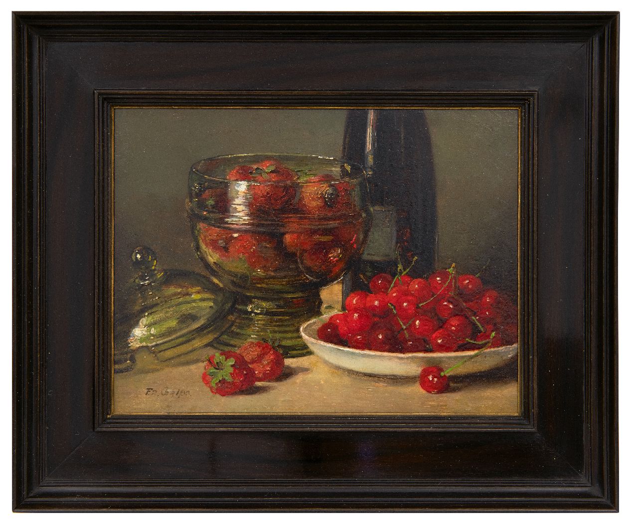 Grips F. | Frédéric Antoine Marie 'Frits' Grips, Stilleven met kersen en aardbeien in glazen pot, olieverf op paneel 16,0 x 21,1 cm, gesigneerd linksonder Grips F. | Frédéric Antoine Marie 'Frits' Grips, Stilleven met kersen en aardbeien in glazen pot, olieverf op paneel 16,0 x 21,1 cm, gesigneerd linksonder