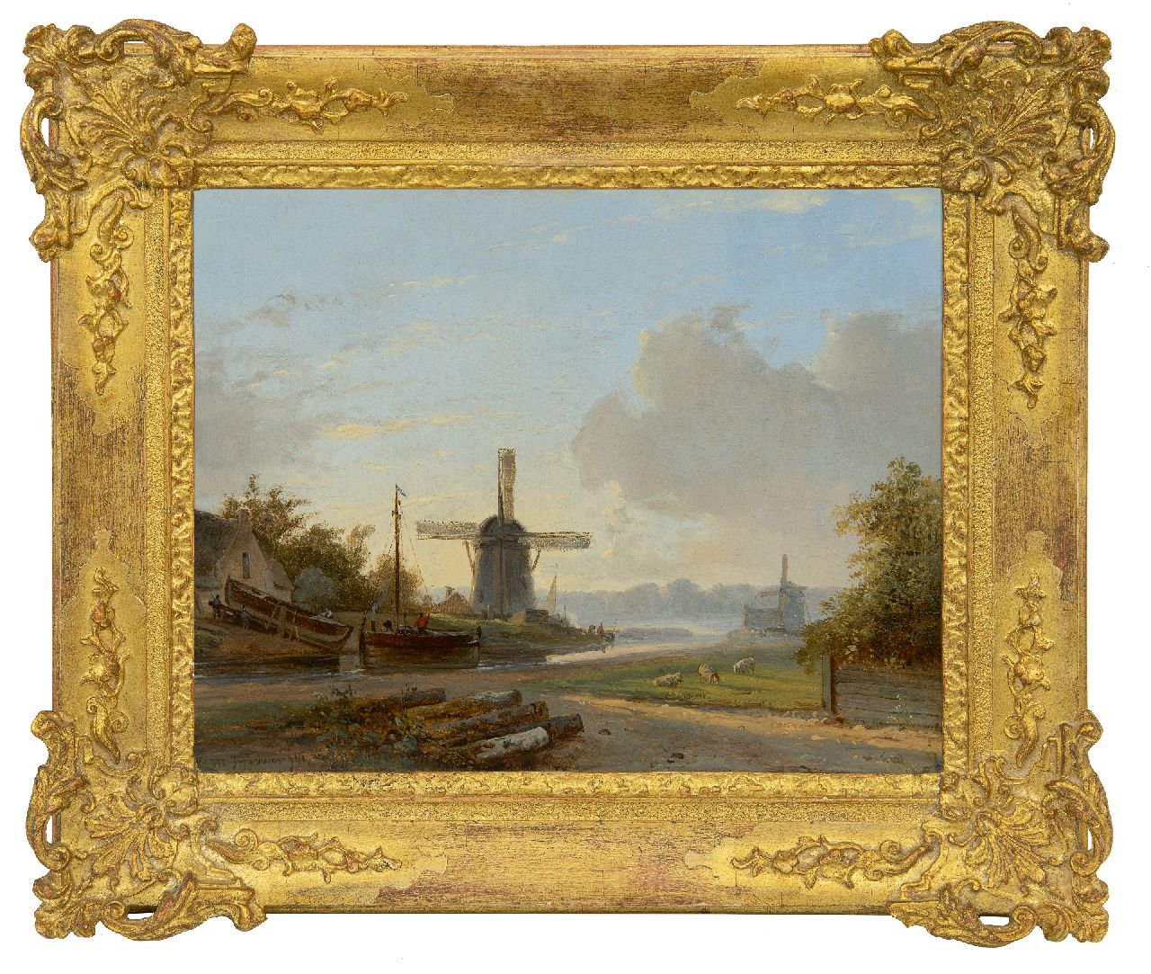 Brouwer P.M. | Petrus Marius Brouwer | Schilderijen te koop aangeboden | Rivierlandschap met molens en scheepswerf, olieverf op paneel 25,7 x 32,5 cm, gesigneerd linksonder en gedateerd '41 Brouwer P.M. | Petrus Marius Brouwer | Schilderijen te koop aangeboden | Rivierlandschap met molens en scheepswerf, olieverf op paneel 25,7 x 32,5 cm, gesigneerd linksonder en gedateerd '41