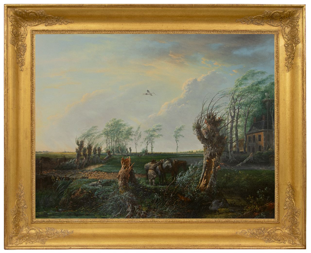 Nijmegen G. van | Gerard van Nijmegen | Schilderijen te koop aangeboden | Boer met werkpaarden op een landgoed bij storm, olieverf op paneel 68,8 x 89,7 cm Nijmegen G. van | Gerard van Nijmegen | Schilderijen te koop aangeboden | Boer met werkpaarden op een landgoed bij storm, olieverf op paneel 68,8 x 89,7 cm