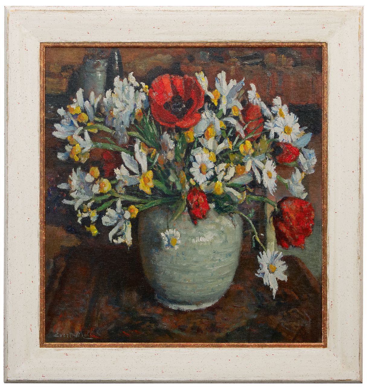 Moll E.  | Evert Moll, Klaprozen en margrieten in witte vaas, olieverf op doek 76,0 x 70,2 cm, gesigneerd linksonder
