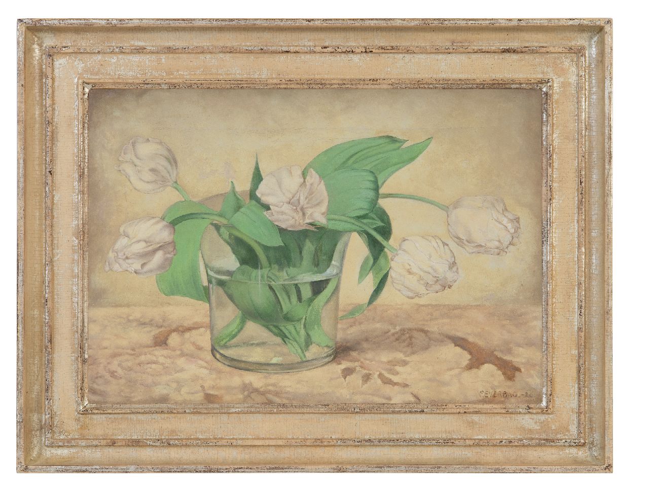 Everbag F. | Franciscus 'Frans' Everbag, Witte tulpen in glazen vaas, olieverf op doek 23,5 x 33,4 cm, gesigneerd rechtsonder en gedateerd '26 Everbag F. | Franciscus 'Frans' Everbag, Witte tulpen in glazen vaas, olieverf op doek 23,5 x 33,4 cm, gesigneerd rechtsonder en gedateerd '26