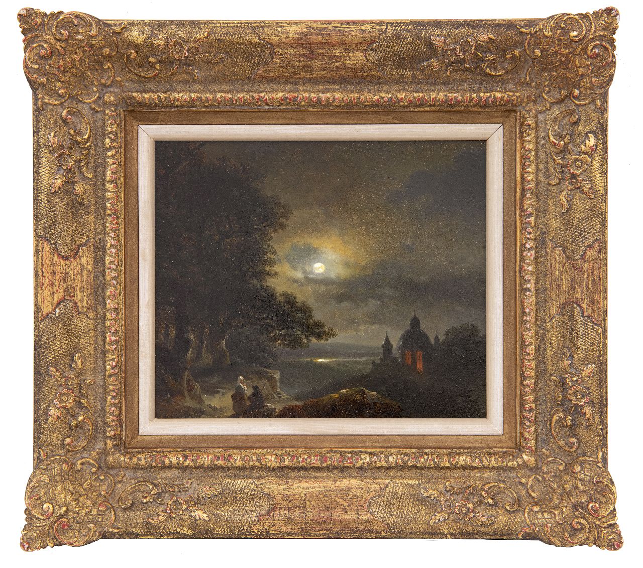 Kuhnen P.L.  | Pierre-Louis Kuhnen, Een jong paar nabij een nachtelijke riviervallei bij volle maan, olieverf op paneel 18,1 x 21,3 cm, gesigneerd linksonder