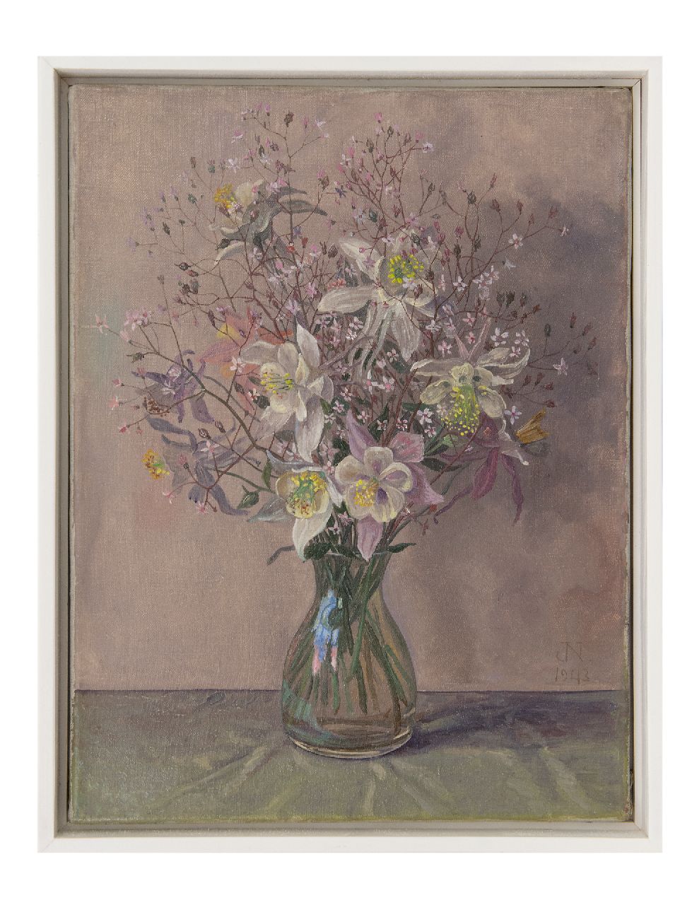 Nieweg J.  | Jakob Nieweg, Bloemen in glazen vaas, olieverf op doek 40,3 x 30,4 cm, gesigneerd rechtsonder met monogram en gedateerd 1943