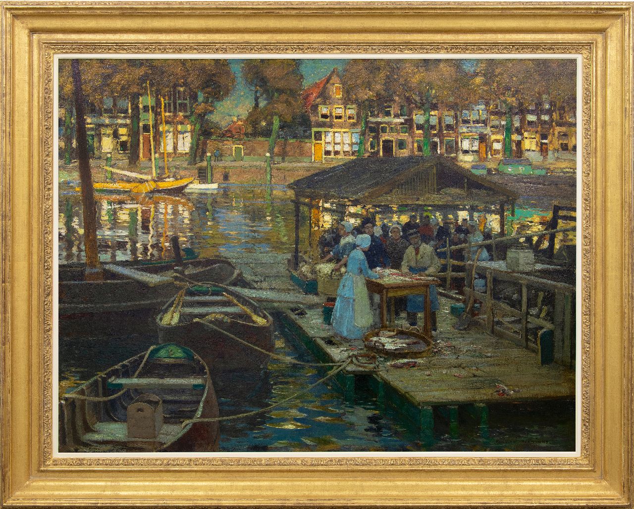 Hermanns H. | Heinrich Hermanns, Gezicht op de Vismarkt in de Nieuwe Haven, Dordrecht, olieverf op doek 100,5 x 131,6 cm, gesigneerd rechtsonder Hermanns H. | Heinrich Hermanns, Gezicht op de Vismarkt in de Nieuwe Haven, Dordrecht, olieverf op doek 100,5 x 131,6 cm, gesigneerd rechtsonder
