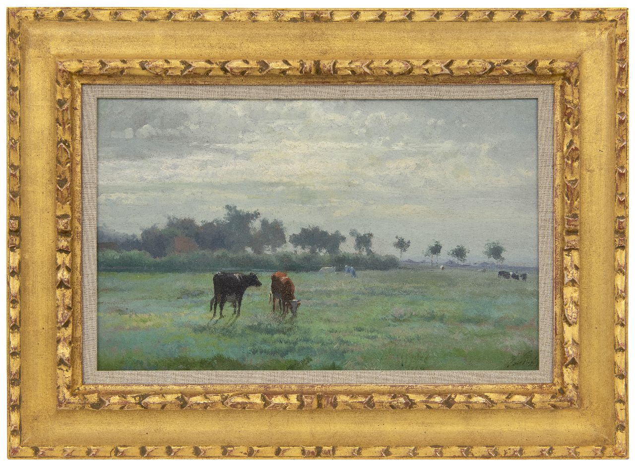 Mauve A.  | Anthonij 'Anton' Mauve, Koeien in een weiland, olieverf op papier op paneel 24,7 x 40,1 cm, gesigneerd rechtsonder met initialen en te dateren ca. 1870