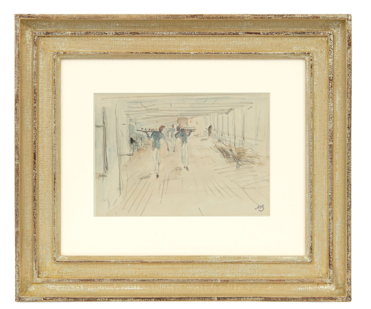 Bauer M.A.J.  | 'Marius' Alexander Jacques Bauer, Thee op de 'Mij. Nederland' op weg naar Nederlands-Indië, 1931, potlood en aquarel op papier 14,0 x 19,9 cm, gesigneerd rechtsonder met naamstempel