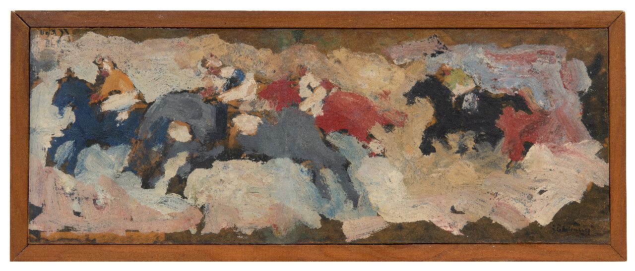 Stekelenburg J. | Jan Stekelenburg, Paardenrace, olieverf op board 16,2 x 44,1 cm, gesigneerd rechtsonder Stekelenburg J. | Jan Stekelenburg, Paardenrace, olieverf op board 16,2 x 44,1 cm, gesigneerd rechtsonder