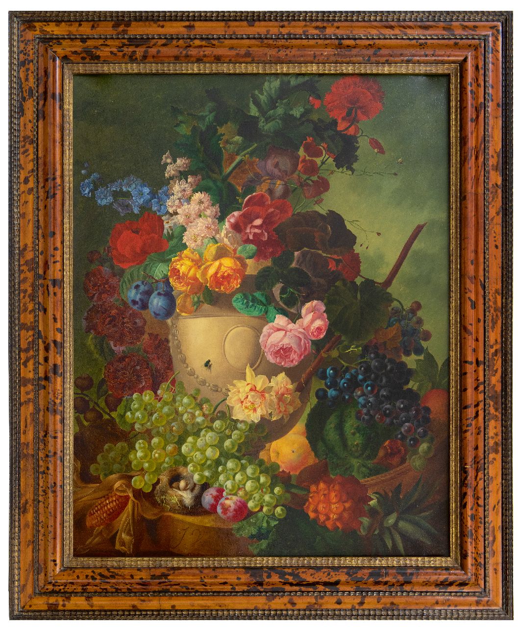 Os J. van | Jan van Os, Stilleven met bloemen, vruchten en een vogelnestje op marmeren plint, olieverf op doek 84,1 x 65,3 cm, gesigneerd linksonder Os J. van | Jan van Os, Stilleven met bloemen, vruchten en een vogelnestje op marmeren plint, olieverf op doek 84,1 x 65,3 cm, gesigneerd linksonder
