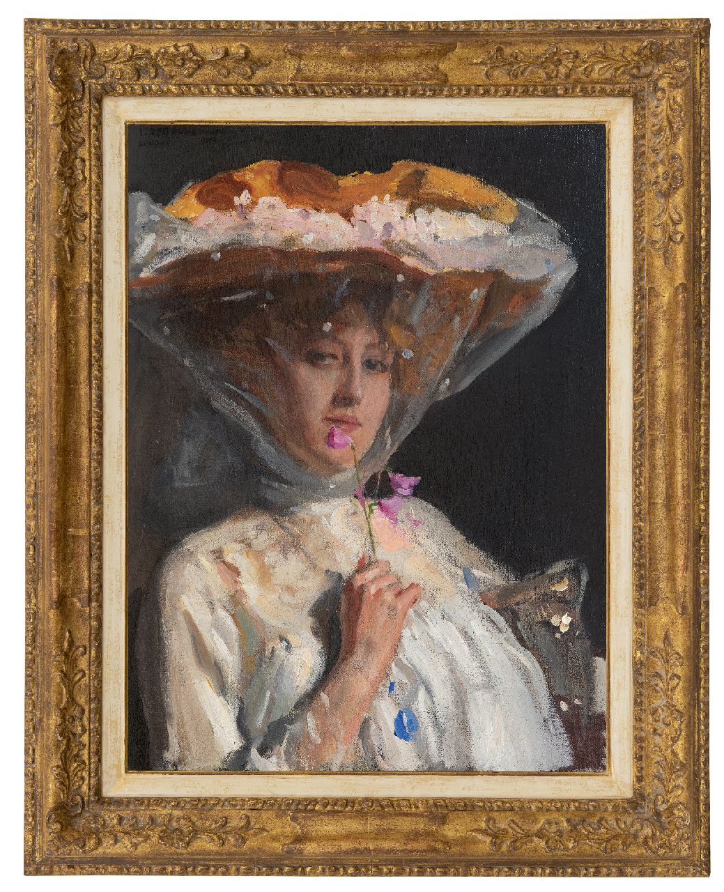 Oppenheimer J. | Joseph Oppenheimer | Schilderijen te koop aangeboden | Vrouw met lathyrusbloem, olieverf op doek 68,8 x 51,3 cm, gesigneerd linksboven en gedateerd 'London' 1904 Oppenheimer J. | Joseph Oppenheimer | Schilderijen te koop aangeboden | Vrouw met lathyrusbloem, olieverf op doek 68,8 x 51,3 cm, gesigneerd linksboven en gedateerd 'London' 1904