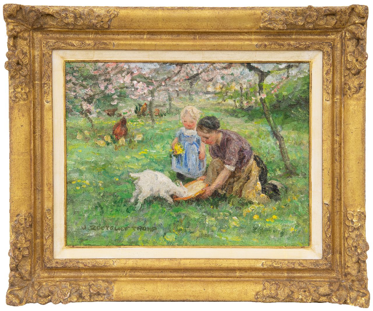 Zoetelief Tromp J.  | Johannes 'Jan' Zoetelief Tromp, Samen geitje voeren, olieverf op doek 26,7 x 34,9 cm, gesigneerd linksonder en verso